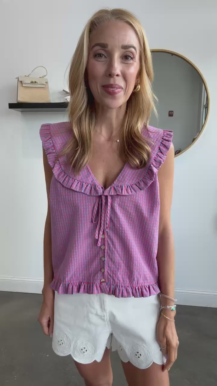 Gingham Ruffle Collar Top - Cherry/Blue