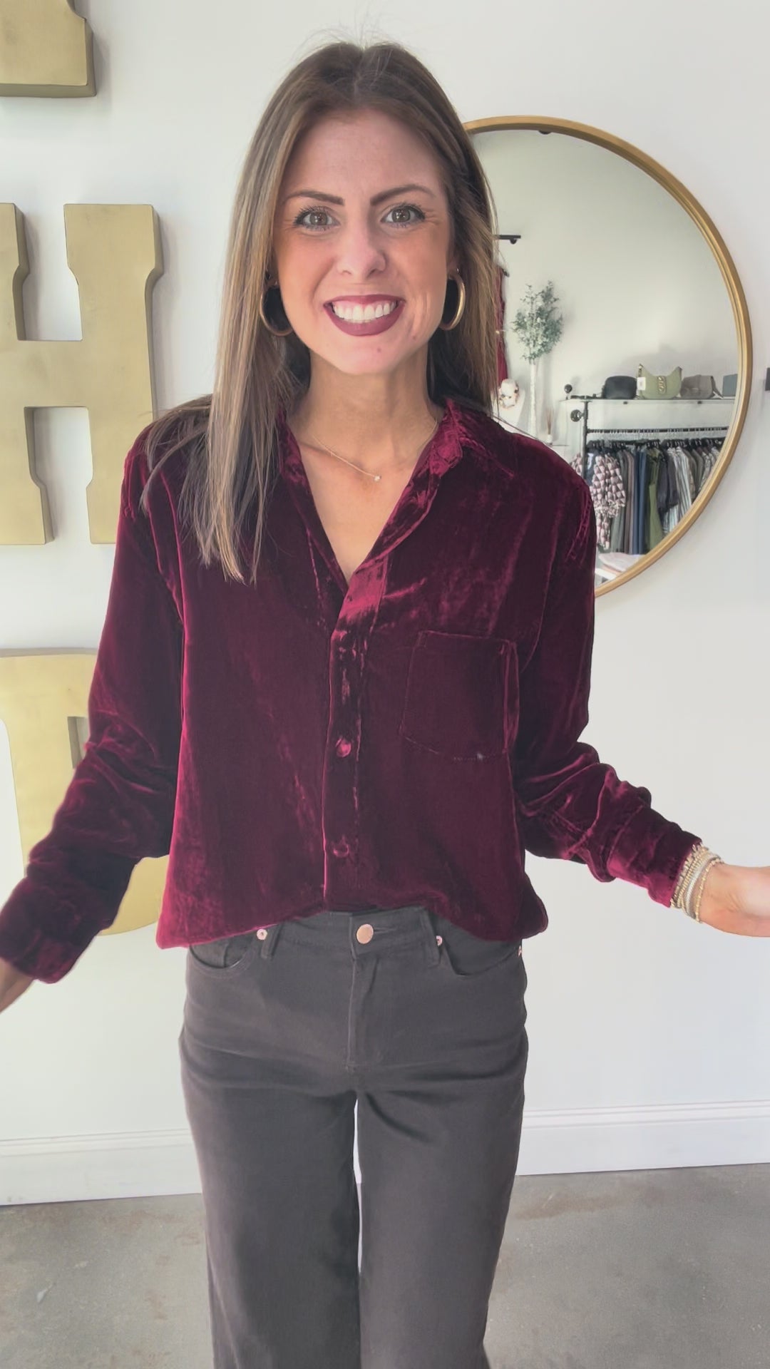 Velvet Button Down Top - Cherry