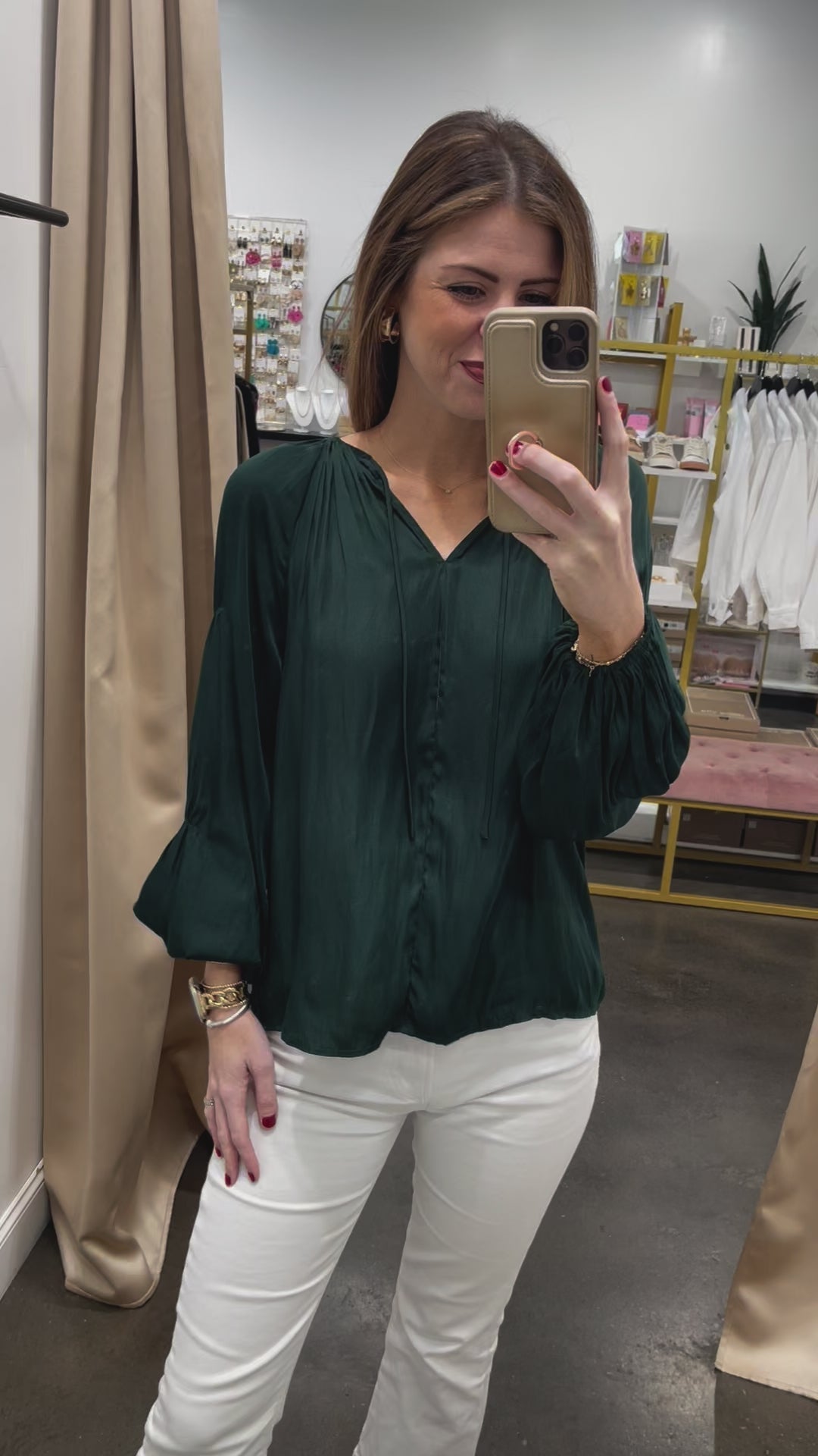 Long Sleeve Satin Blouse - Deep Emerald