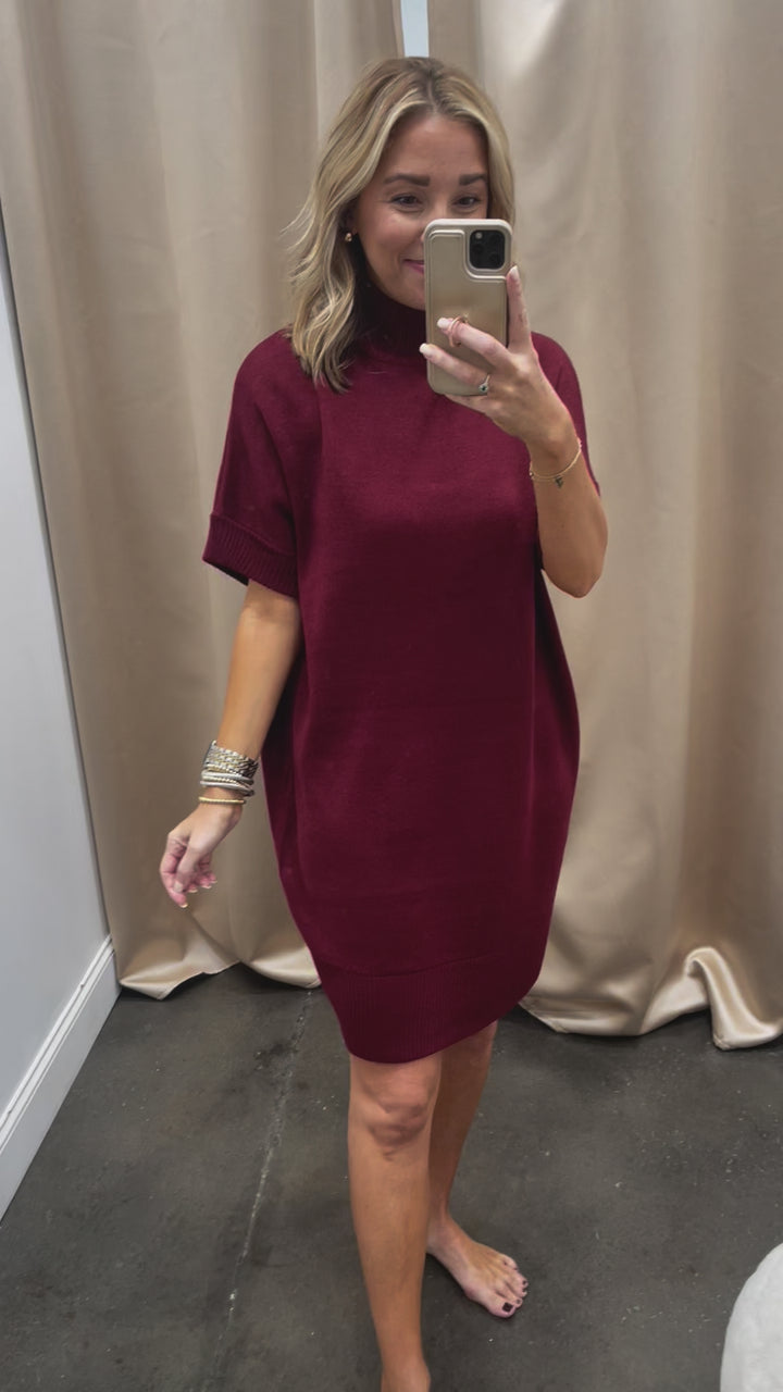 Short Sleeve Sweater Dress - Burgundy