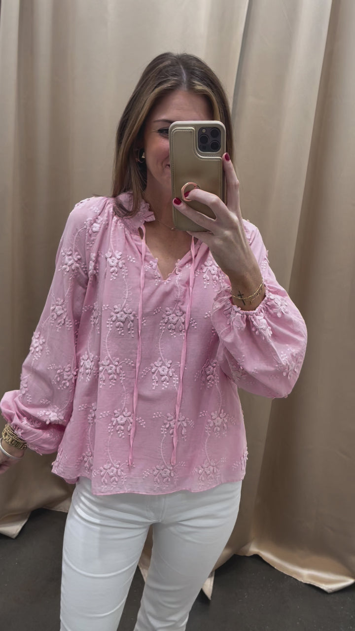 Floral Embroidery Tie Neck Blouse - Pink