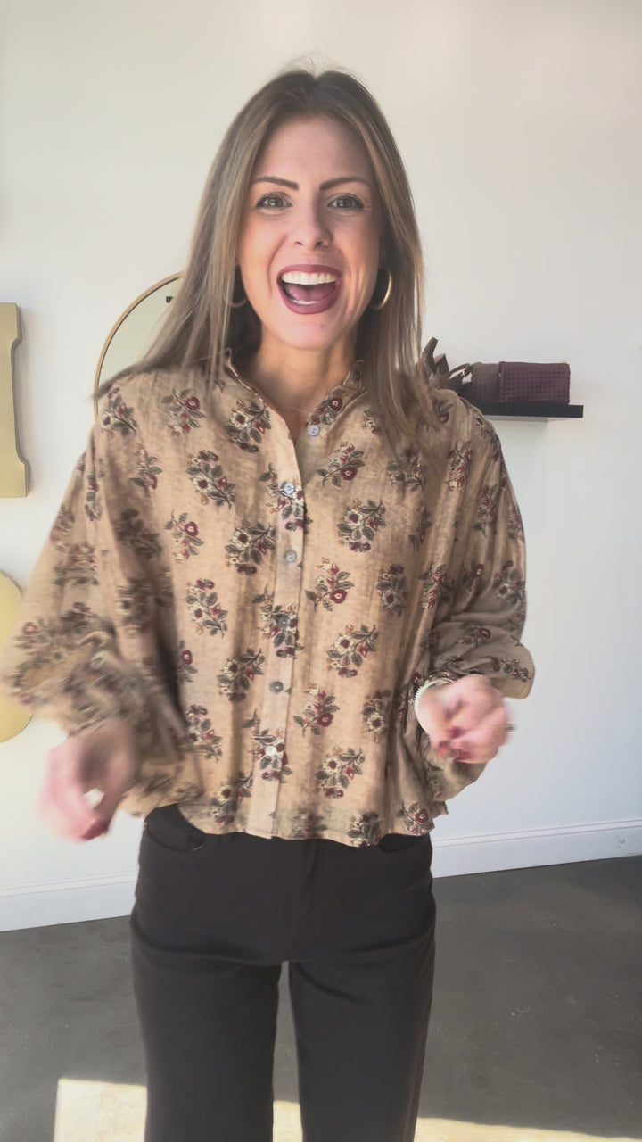 Floral Print Button Down Top - Taupe