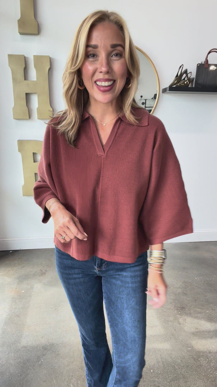 V Neck Ribbed Sweater - Brown