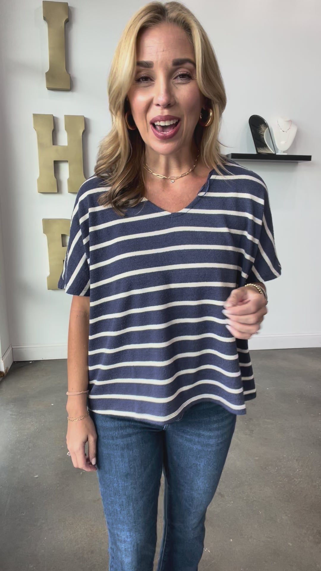Striped V Neck Top - Navy