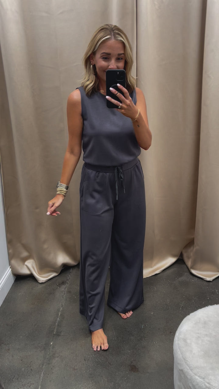 Wide Leg Scuba Jumpsuit - Charcoal