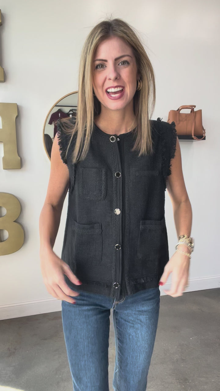 Fringe Trim Vest - Black
