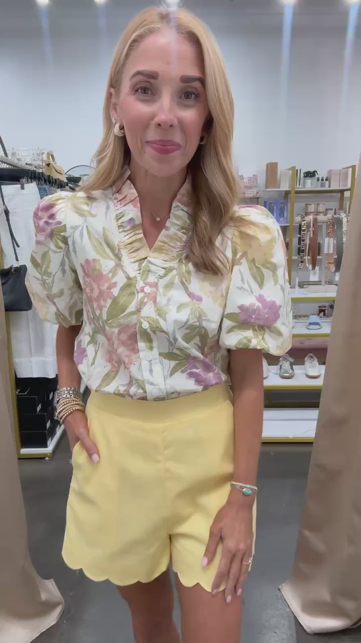 Ruffle Trim Floral Top - Ecru
