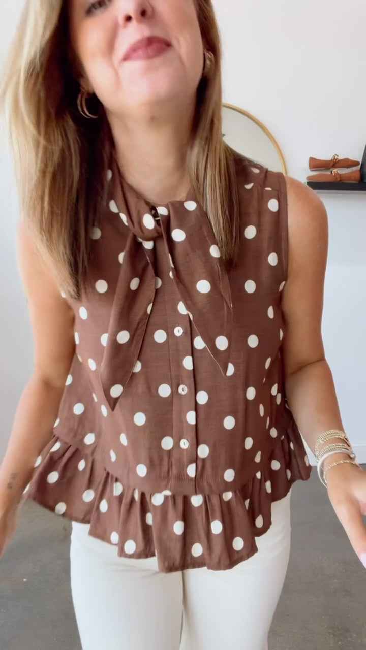 Button Front Polka Dot Blouse - Brown