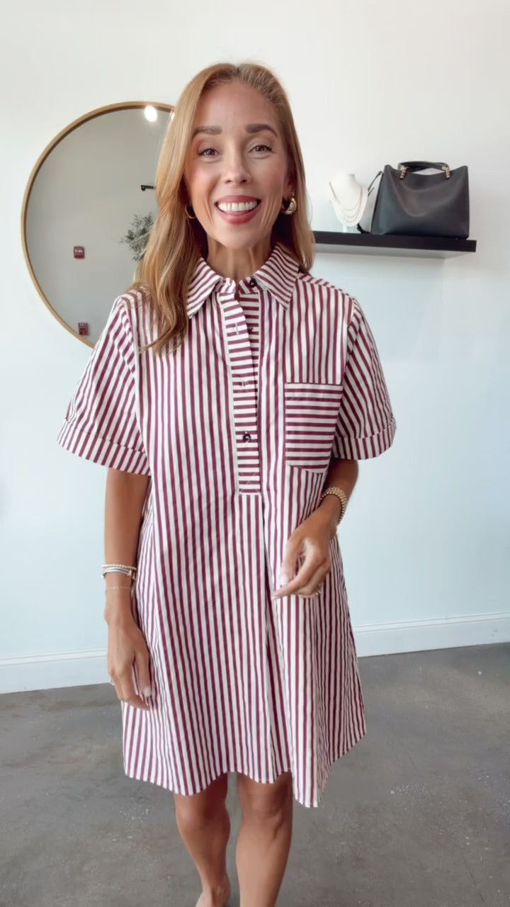 Striped Shirt Dress - Burgundy