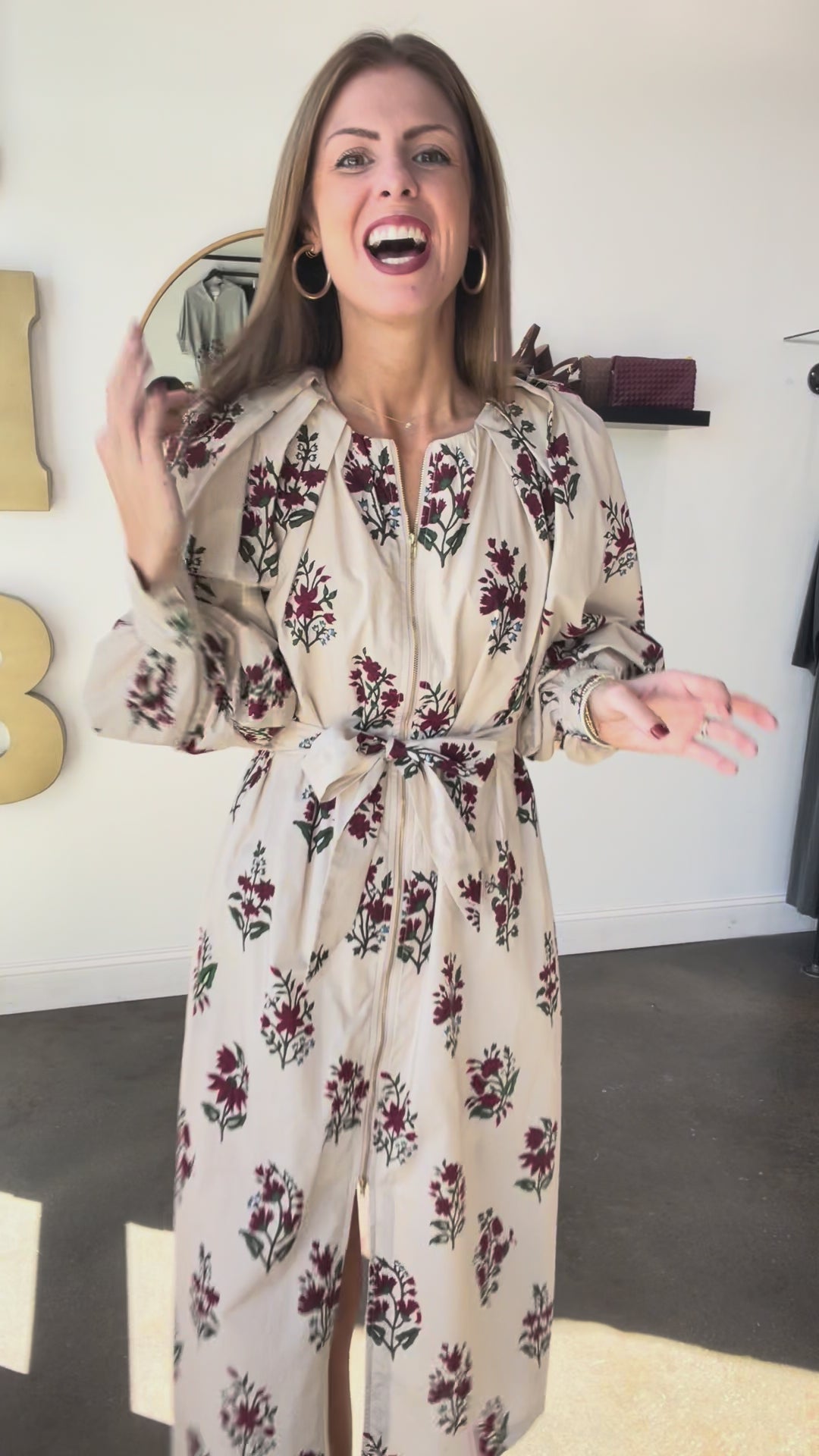 Floral Print Zipper Front Dress - Cream