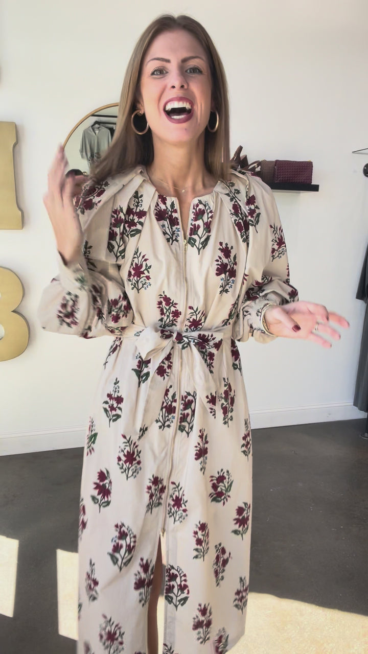 Floral Print Zipper Front Dress - Cream