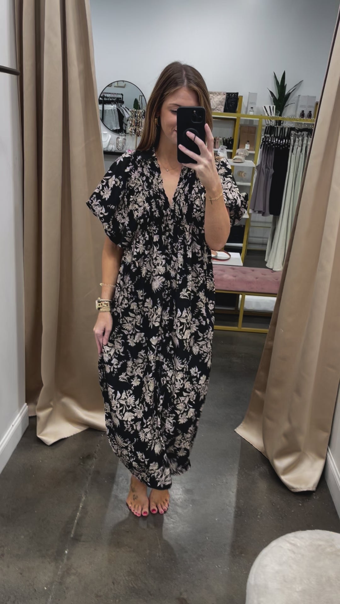 Smocked Floral Maxi Dress - Black