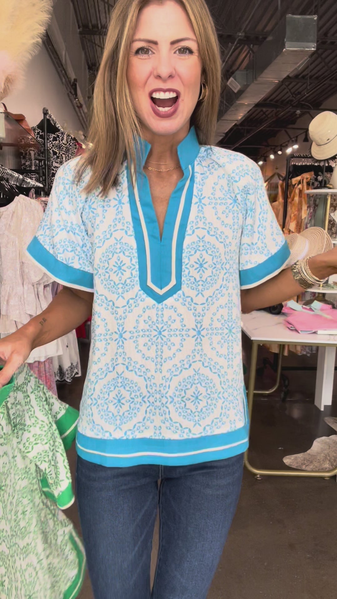 Border Trim Printed Top - Green