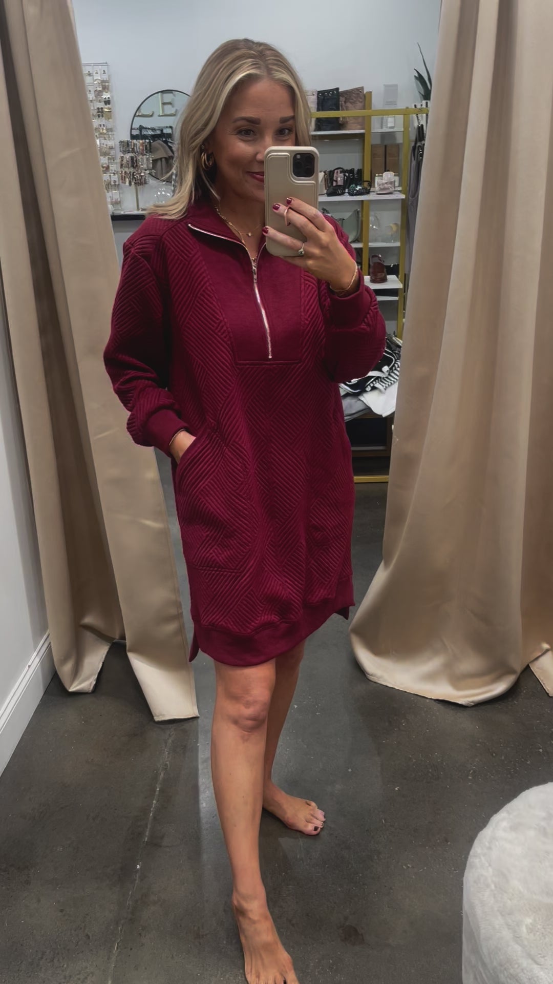 Textured Quarter Zip Dress - Crimson