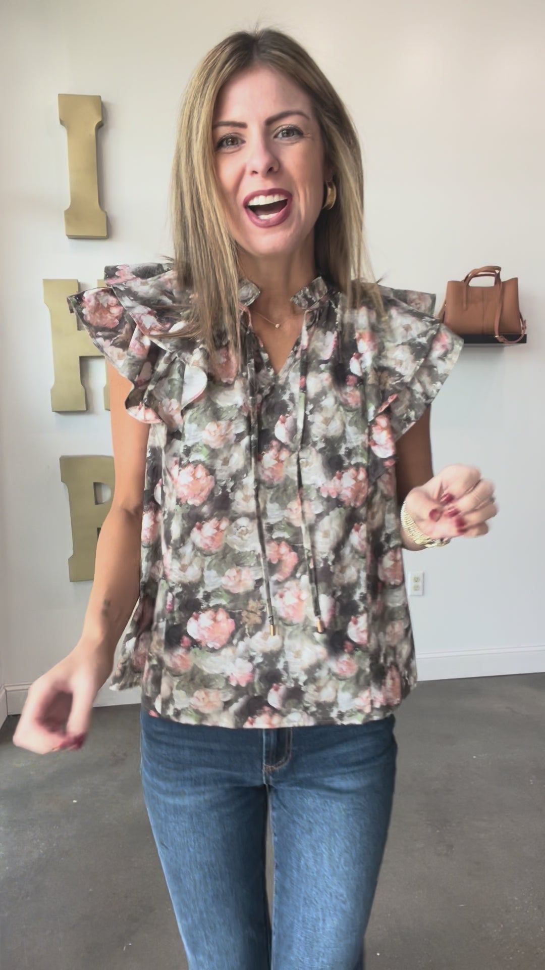 Double Ruffle Sleeve Floral Top - Olive