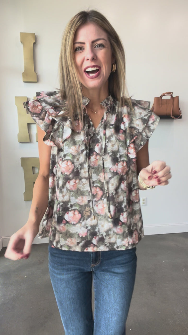 Double Ruffle Sleeve Floral Top - Olive