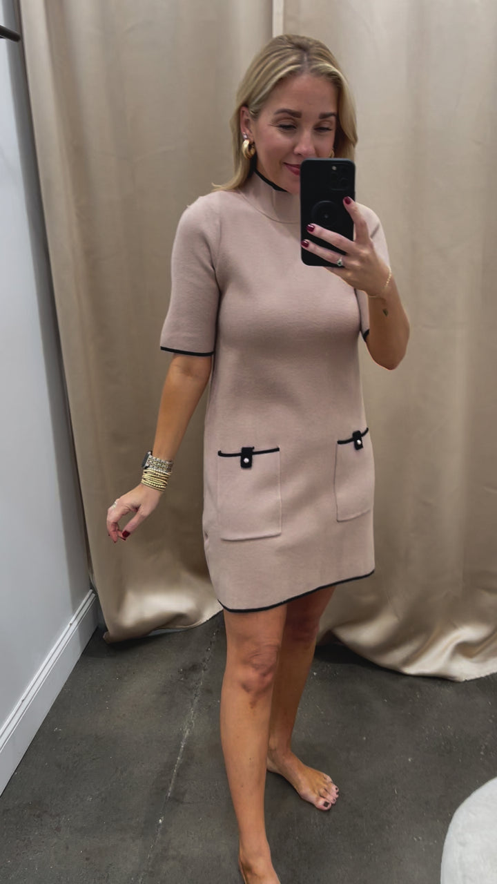 Mock Neck Sweater Dress - Taupe/Black