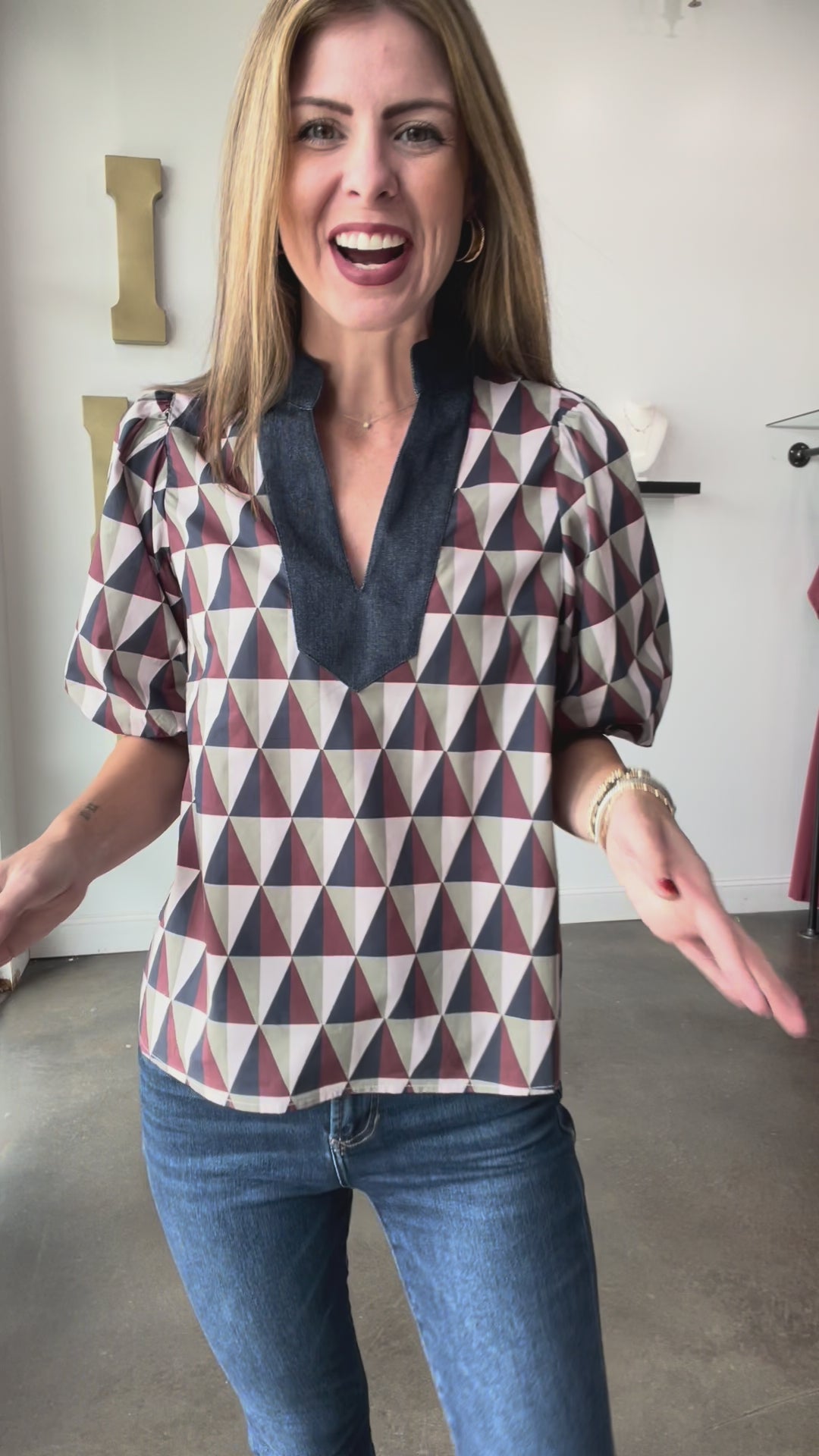 Geometric Print Denim Contrast Top