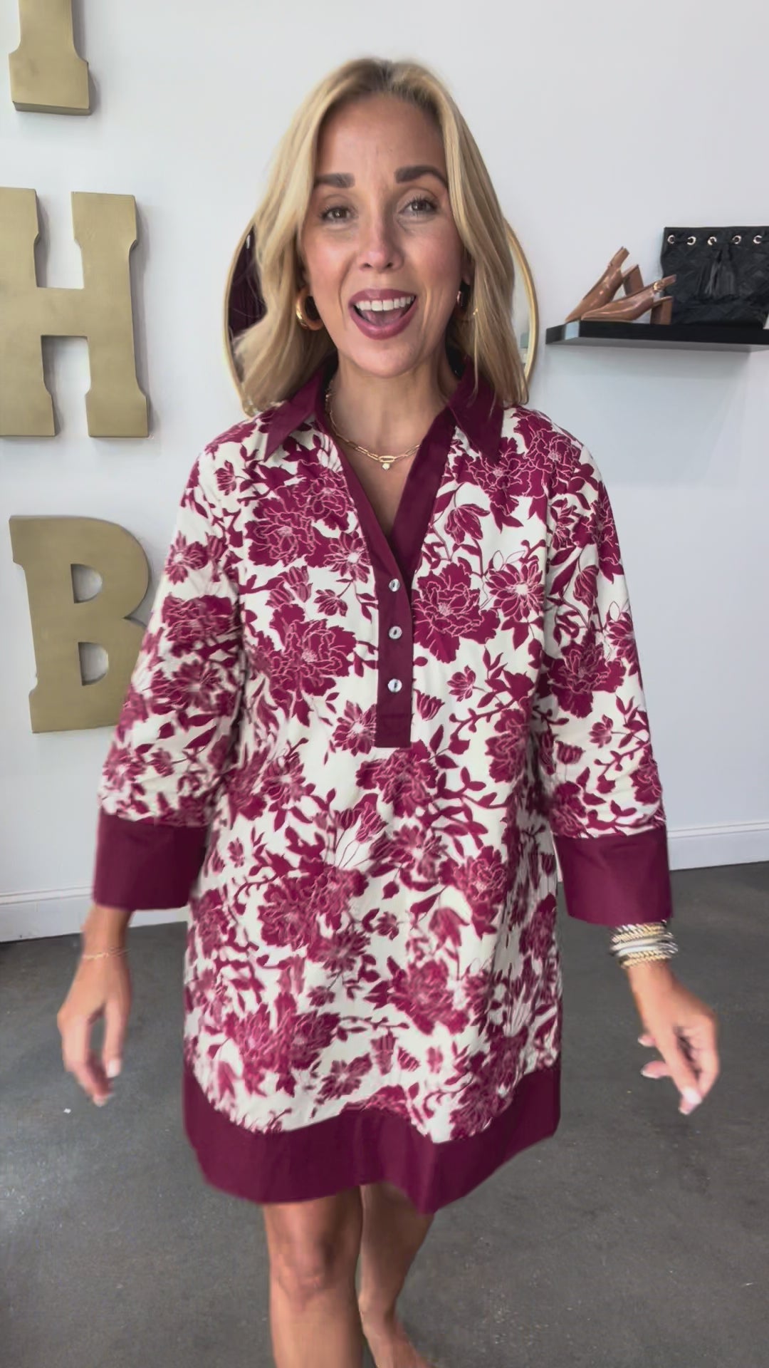 Contrast Trim Dress - Burgundy