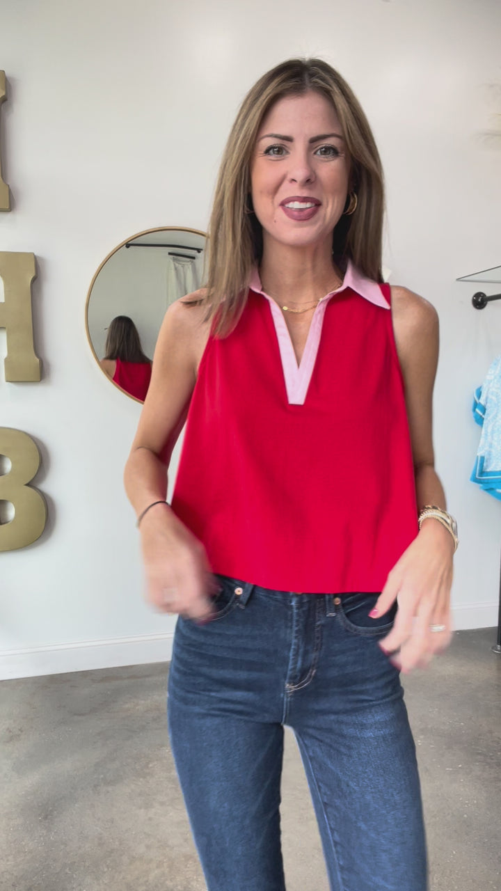Contrast Collar Top - Red