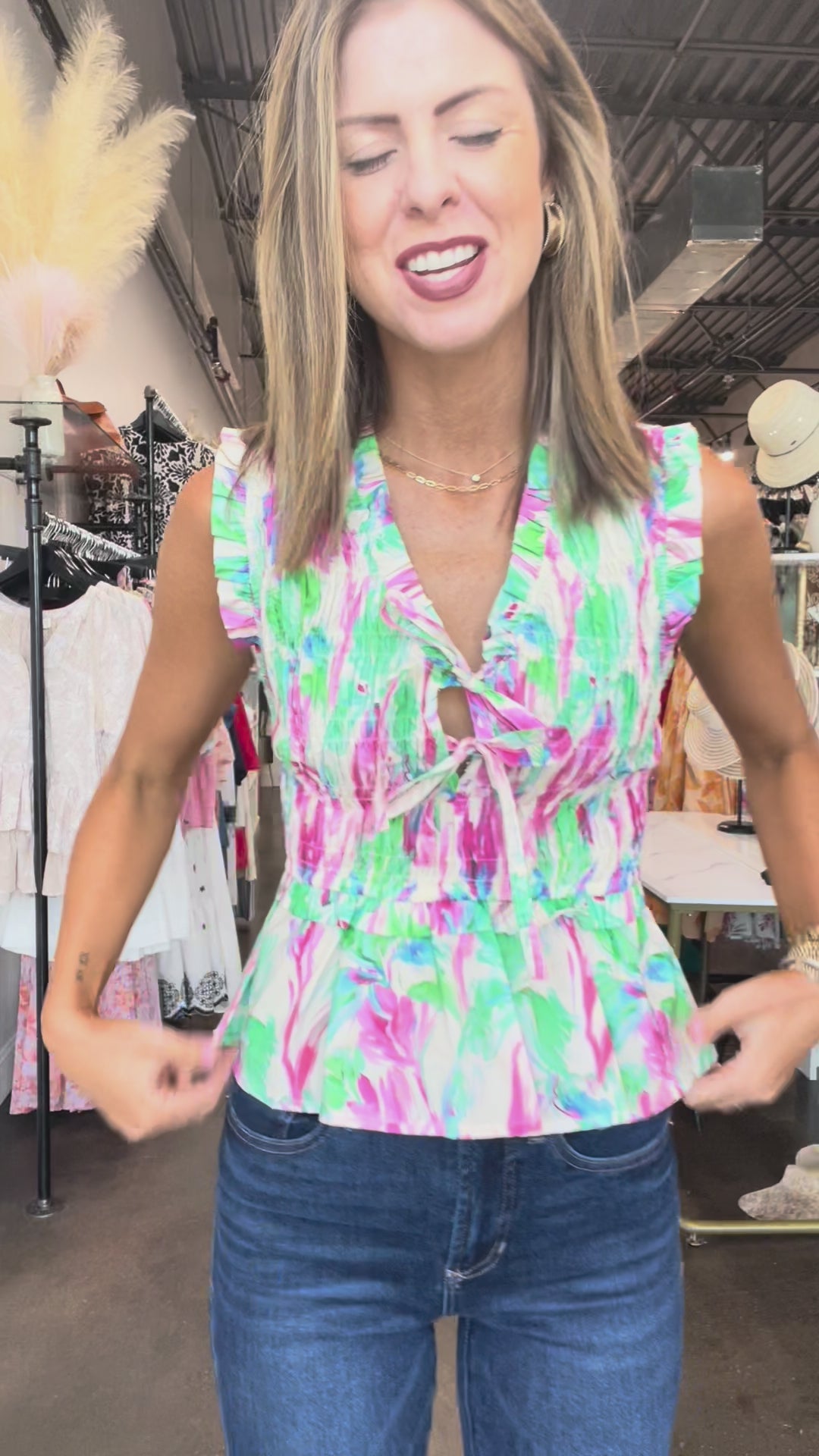Floral Peplum Smocked Tank - Pink