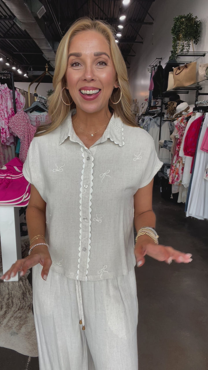 Embroidered Bow Linen Top - Natural