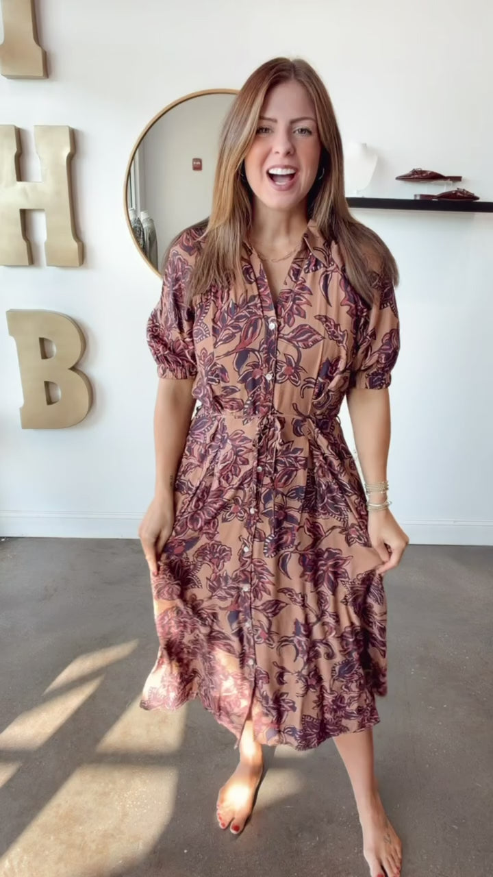 Tie Waist Printed Midi Dress - Brown