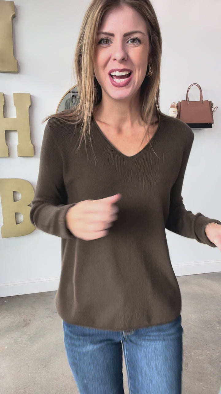 V Neck Long Sleeve Sweater - Brown