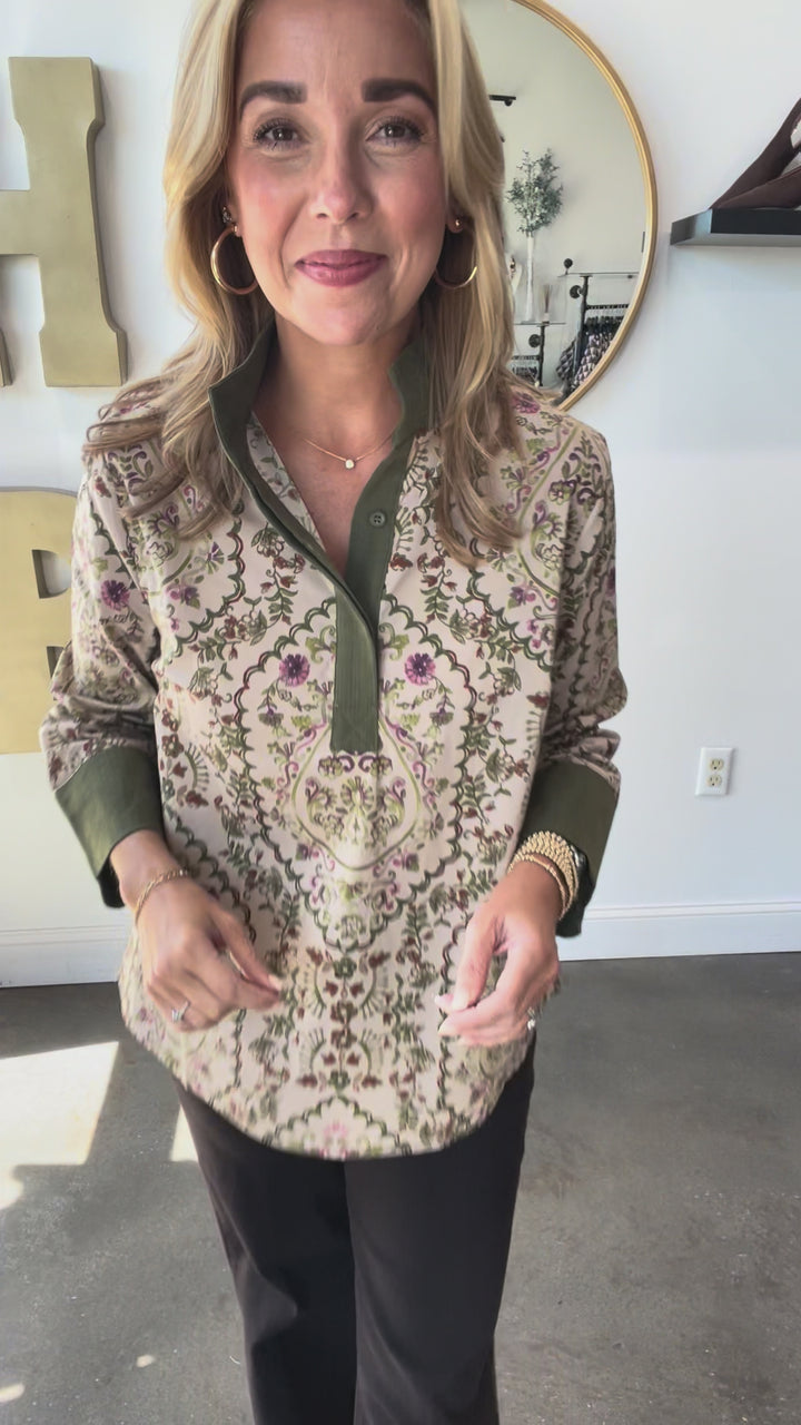 Contrast Trim Pattern Top - Olive