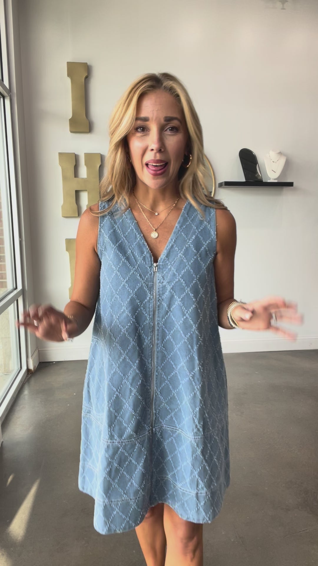 Front Zip Denim Shift Dress