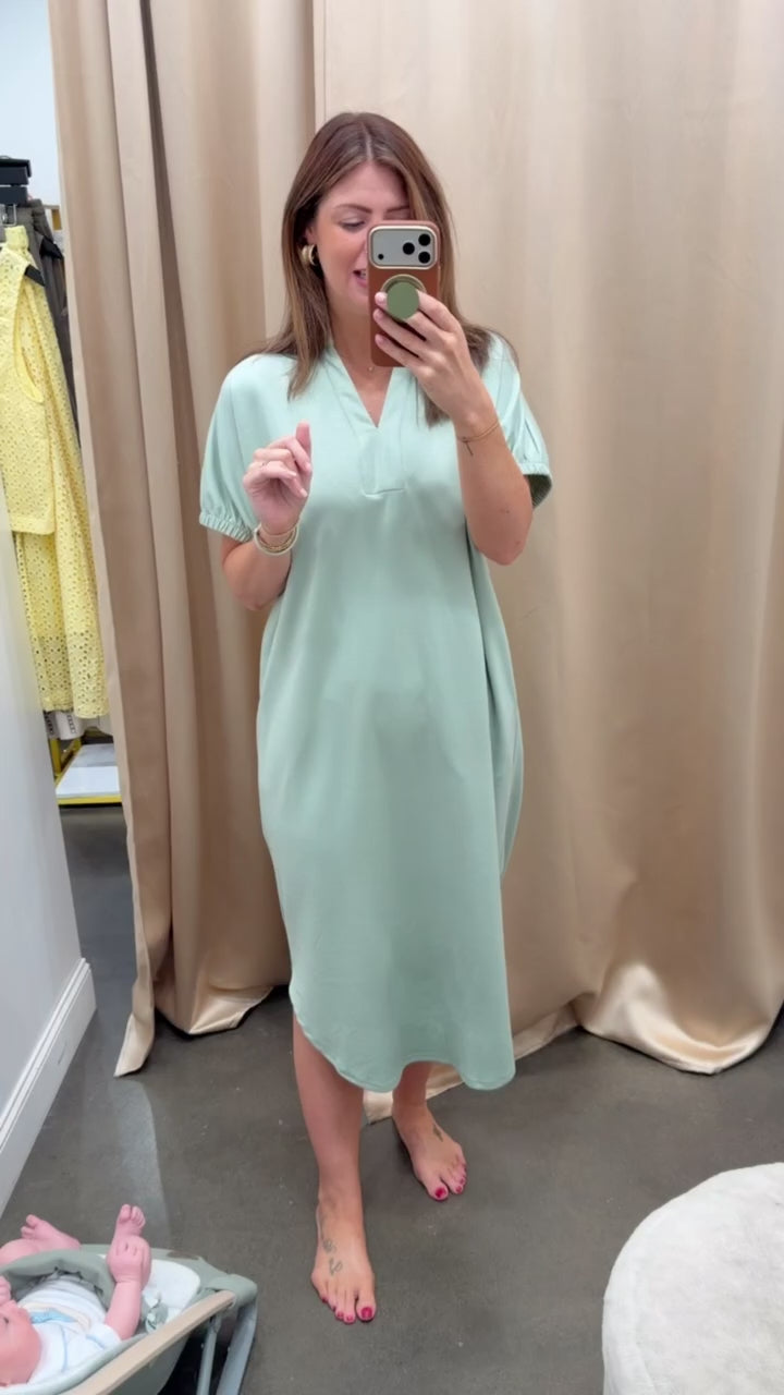 Short Sleeve Scuba Dress - Sage