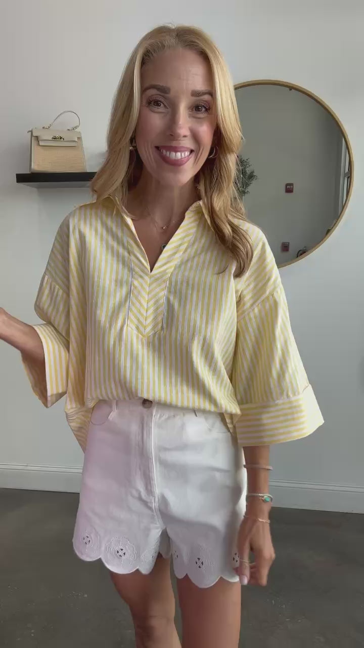 Striped Three Quarter Sleeve Top - Yellow