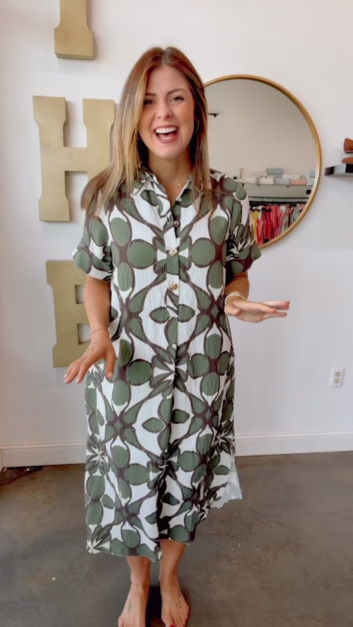Button Collar Printed Dress - Olive
