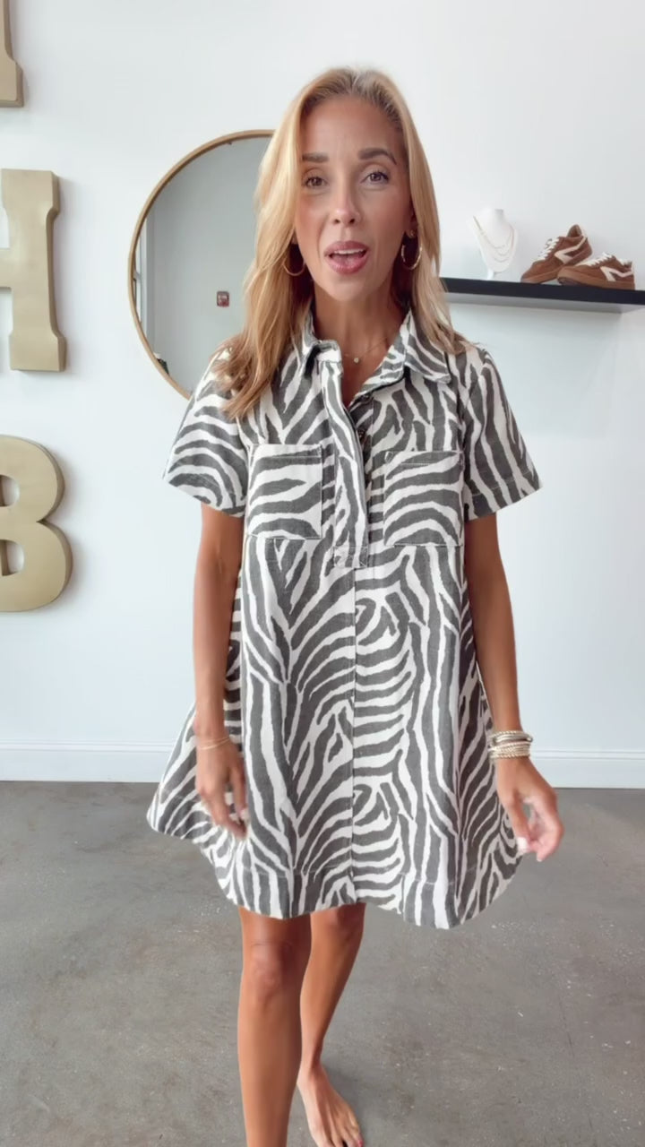 Animal Print Denim Dress - Cream/Black