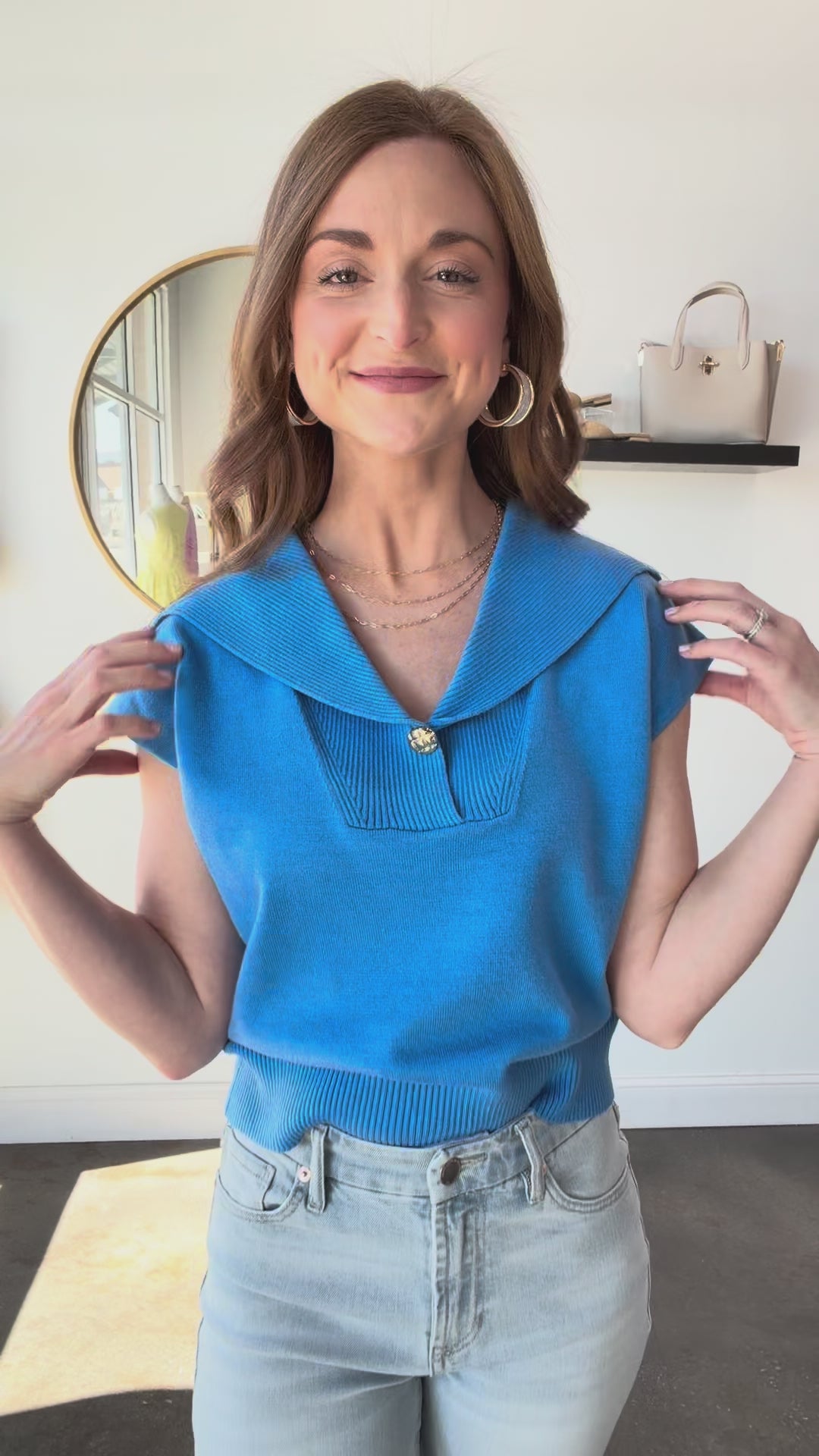 Oversized Collar Knit Top - Blue