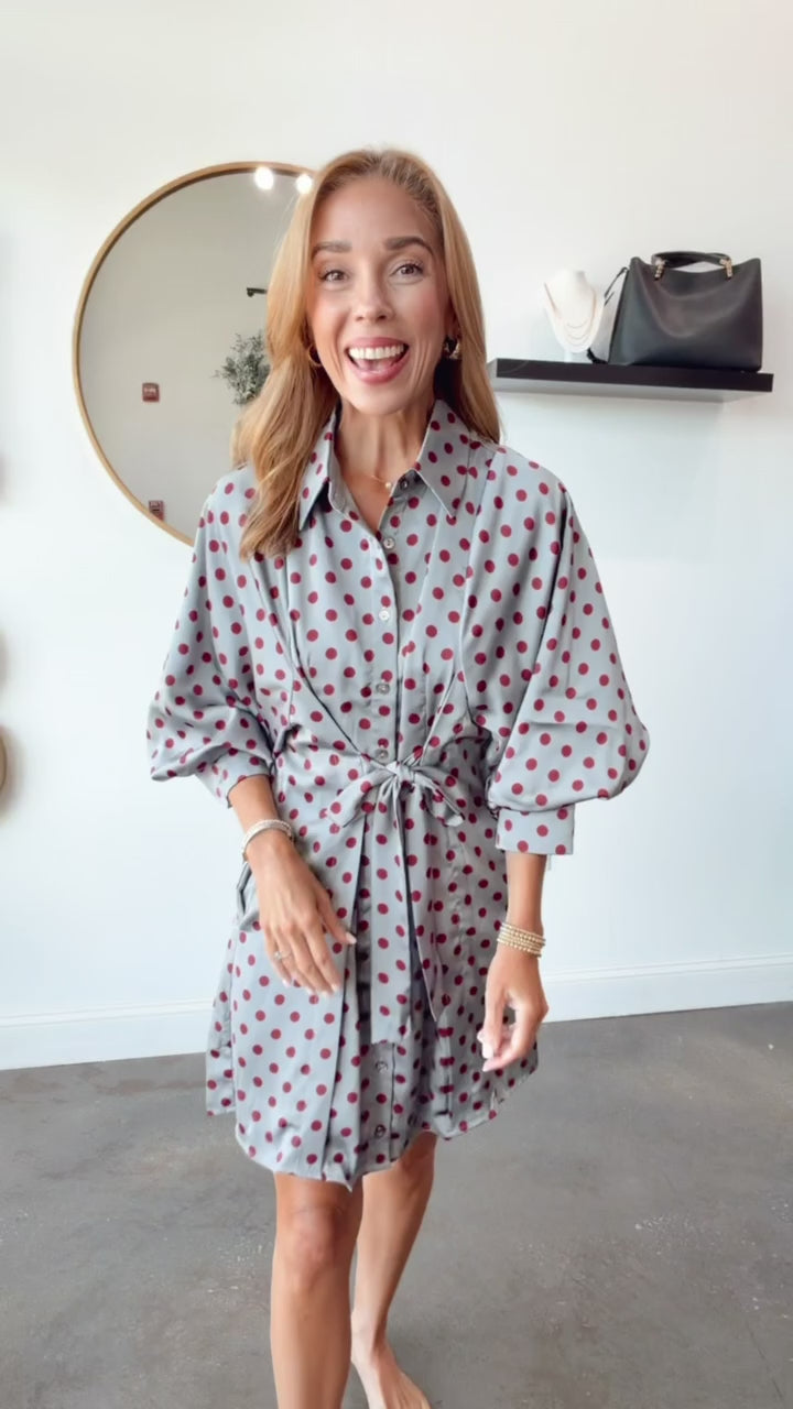 Polka Dot Tie Front Dress - Gray/Red